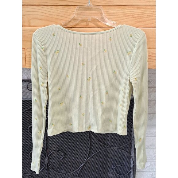 Y2K Arizona Lemon Print Ribbed Long Sleeve Double Tie-Front Cropped Top Shirt M - Picture 6 of 9